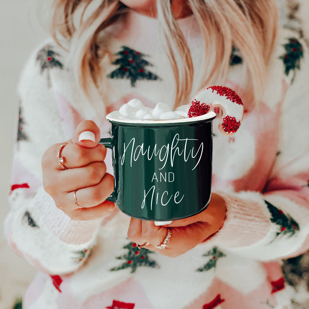 Naughty And Nice Coffee Mug Ceramic Campfire Style 14.5oz Red Or Green Double Side Design