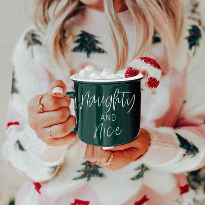 Naughty And Nice Coffee Mug Ceramic Campfire Style 14.5oz Red Or Green Double Side Design