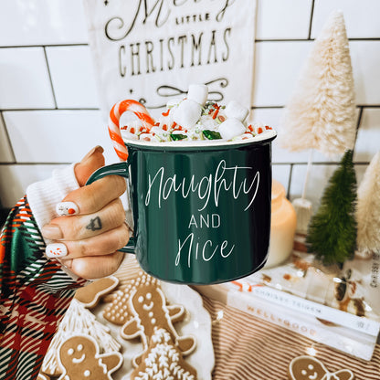 Naughty And Nice Coffee Mug Ceramic Campfire Style 14.5oz Red Or Green Double Side Design