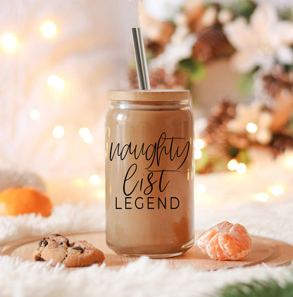 Naughty List Legend 17oz Glass Tumbler With Bamboo Lid, 2 Stainless Straws