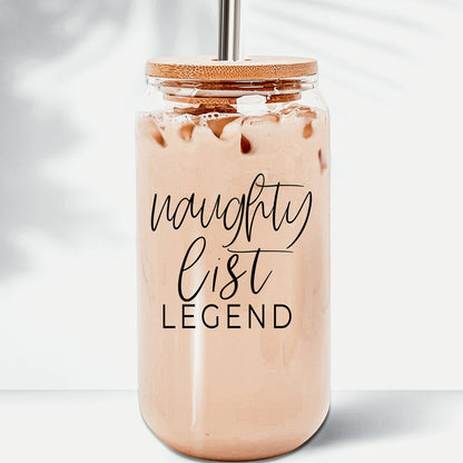 Naughty List Legend 17oz Glass Tumbler With Bamboo Lid, 2 Stainless Straws