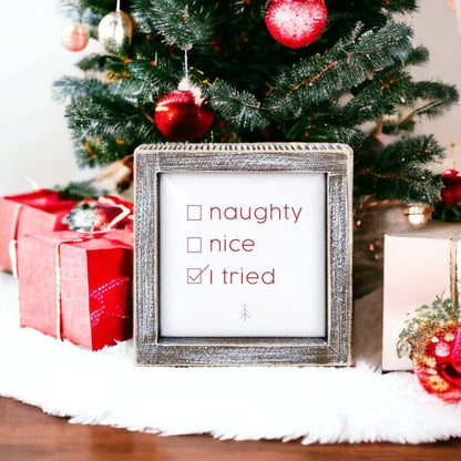 Naughty Nice I Tried 5in Wood Embossed Christmas Sign Holiday Decor