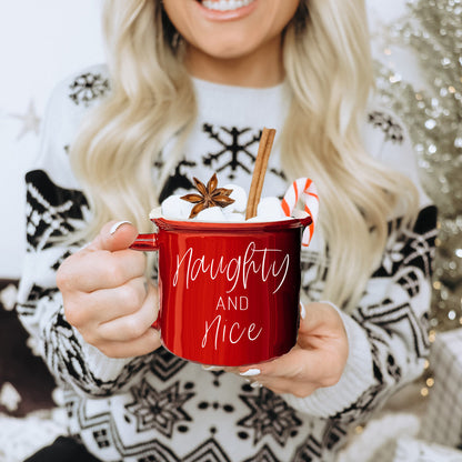 Naughty And Nice Coffee Mug Ceramic Campfire Style 14.5oz Red Or Green Double Side Design