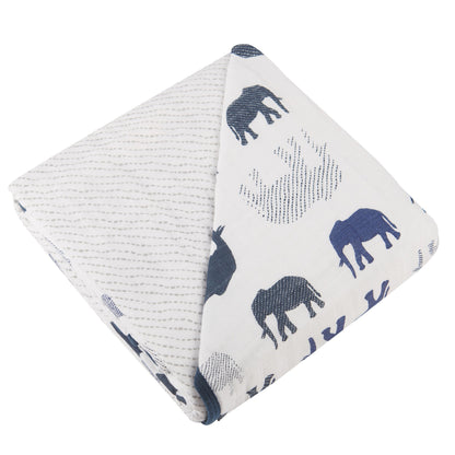 Navy Elephant Muslin Baby Blanket 47x47 Soft Cotton