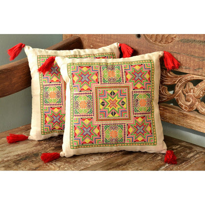 Needlepoint Tassel Pillow Cover Embroidered Cotton Boho Hmong Tribal Cushion