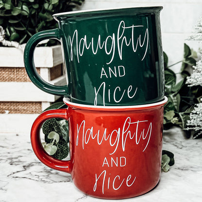Naughty And Nice Coffee Mug Ceramic Campfire Style 14.5oz Red Or Green Double Side Design