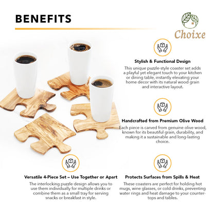 Olive Wood Coaster Puzzle Set 4-Pack Rustic Mediterranean Drink Coasters