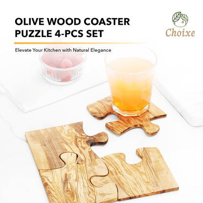 Olive Wood Coaster Puzzle Set 4-Pack Rustic Mediterranean Drink Coasters