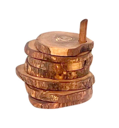 Olive Wood Coaster Set 7Pc With Holder - Natural Round Handcarved Coasters