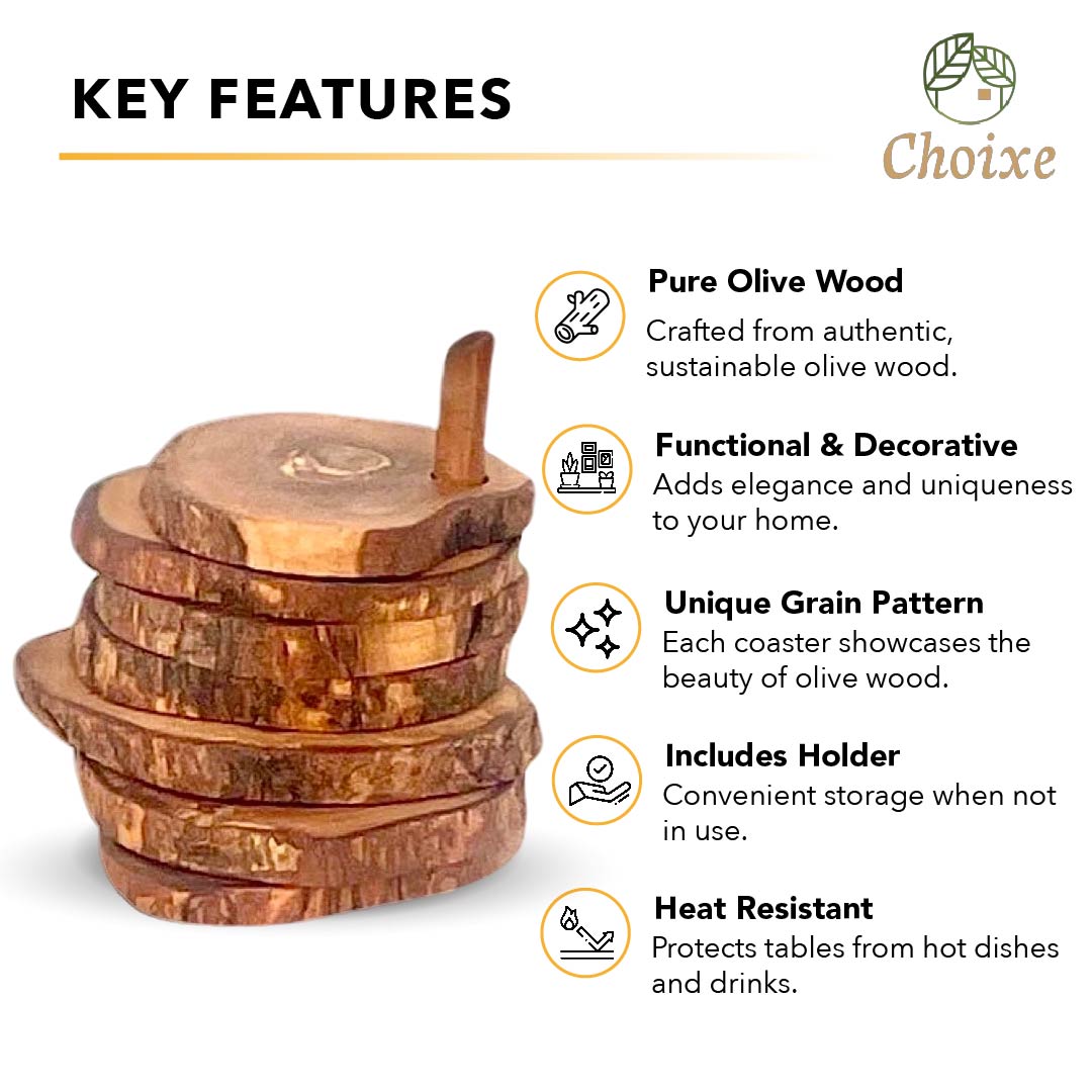 Olive Wood Coaster Set 7Pc With Holder - Natural Round Handcarved Coasters