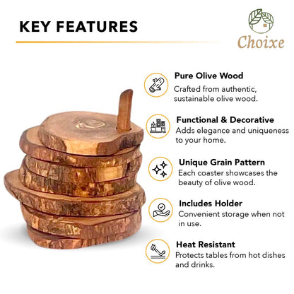 Olive Wood Coaster Set 7Pc With Holder - Natural Round Handcarved Coasters