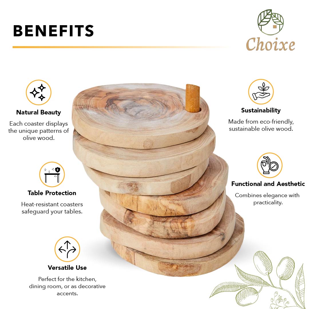 Olive Wood Coaster Set 7Pc With Holder - Natural Round Handcarved Coasters