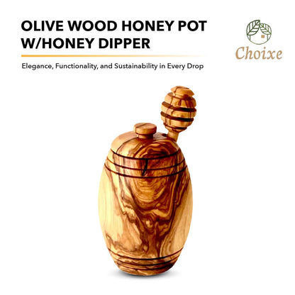 Olive Wood Honey Pot With Dipper Spoon - Hand Carved Kitchen Jar