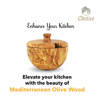 Olive Wood Spice Canister - Hand-Carved Herb Jar, Natural Grain