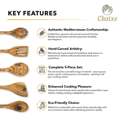 Olive Wood Utensil Set 5-Piece Hand-Carved Kitchen Servers, Durable