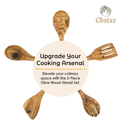Olive Wood Utensil Set 5-Piece Hand-Carved Kitchen Servers, Durable