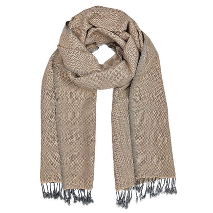 Organic Cotton Diamond Scarf 67x12 In Handloom With Tassel Fringe Earthy Tones