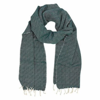 Organic Cotton Diamond Scarf 67x12 In Handloom With Tassel Fringe Earthy Tones