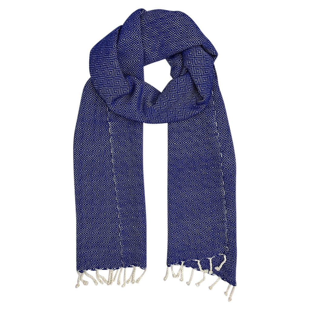 Organic Cotton Diamond Scarf 67x12 In Handloom With Tassel Fringe Earthy Tones