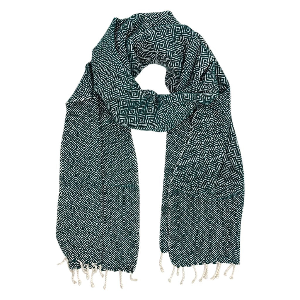 Organic Cotton Diamond Scarf 67x12 In Handloom With Tassel Fringe Earthy Tones