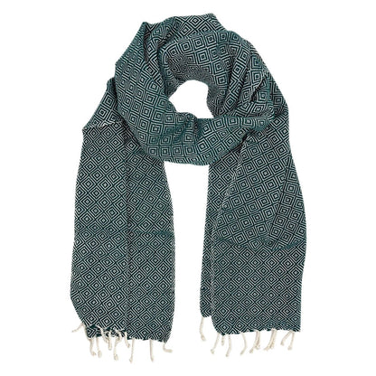 Organic Cotton Diamond Scarf 67x12 In Handloom With Tassel Fringe Earthy Tones