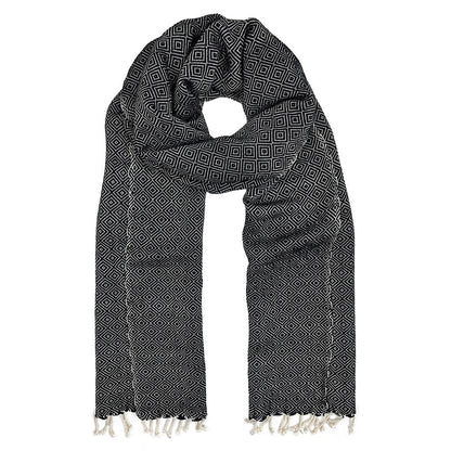Organic Cotton Diamond Scarf 67x12 In Handloom With Tassel Fringe Earthy Tones