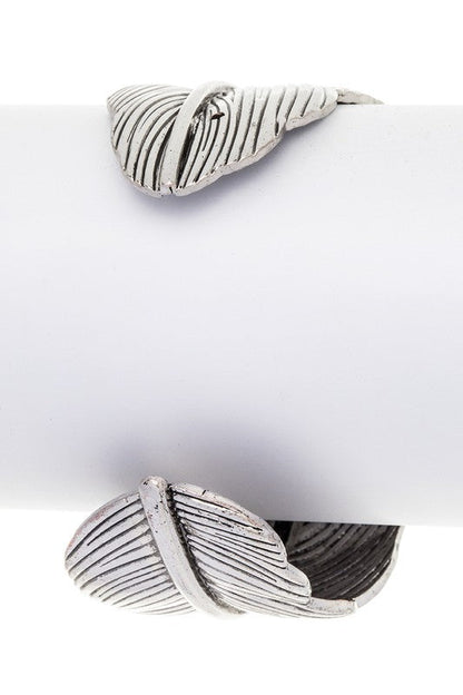 Oval Stone Leaf Cuff Adjustable Silver Tone Bracelet