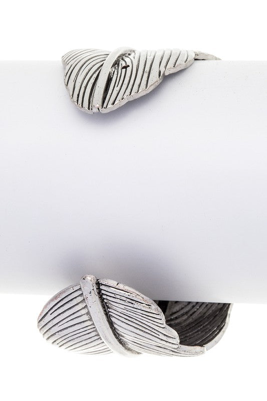 Oval Stone Leaf Cuff Adjustable Silver Tone Bracelet