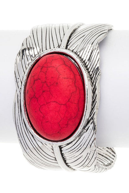 Oval Stone Leaf Cuff Adjustable Silver Tone Bracelet
