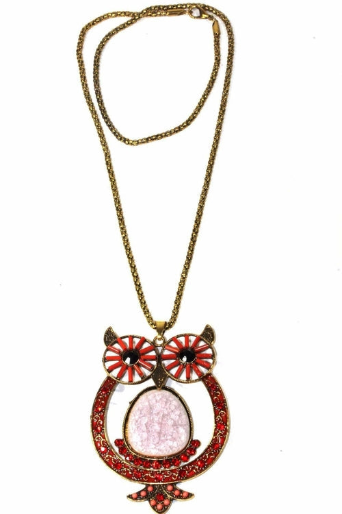 Owl Shimmer Pendant Necklace Long Chain Vintage Crystal