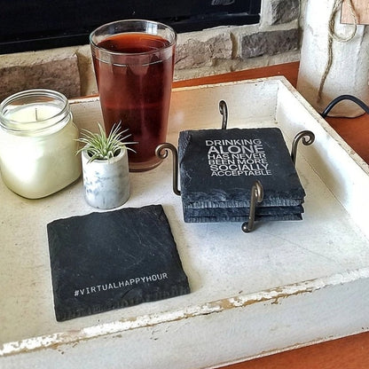 Drinking Alone Slate Coaster Premium Artisan Natural USA Slate Coaster With Cork Feet