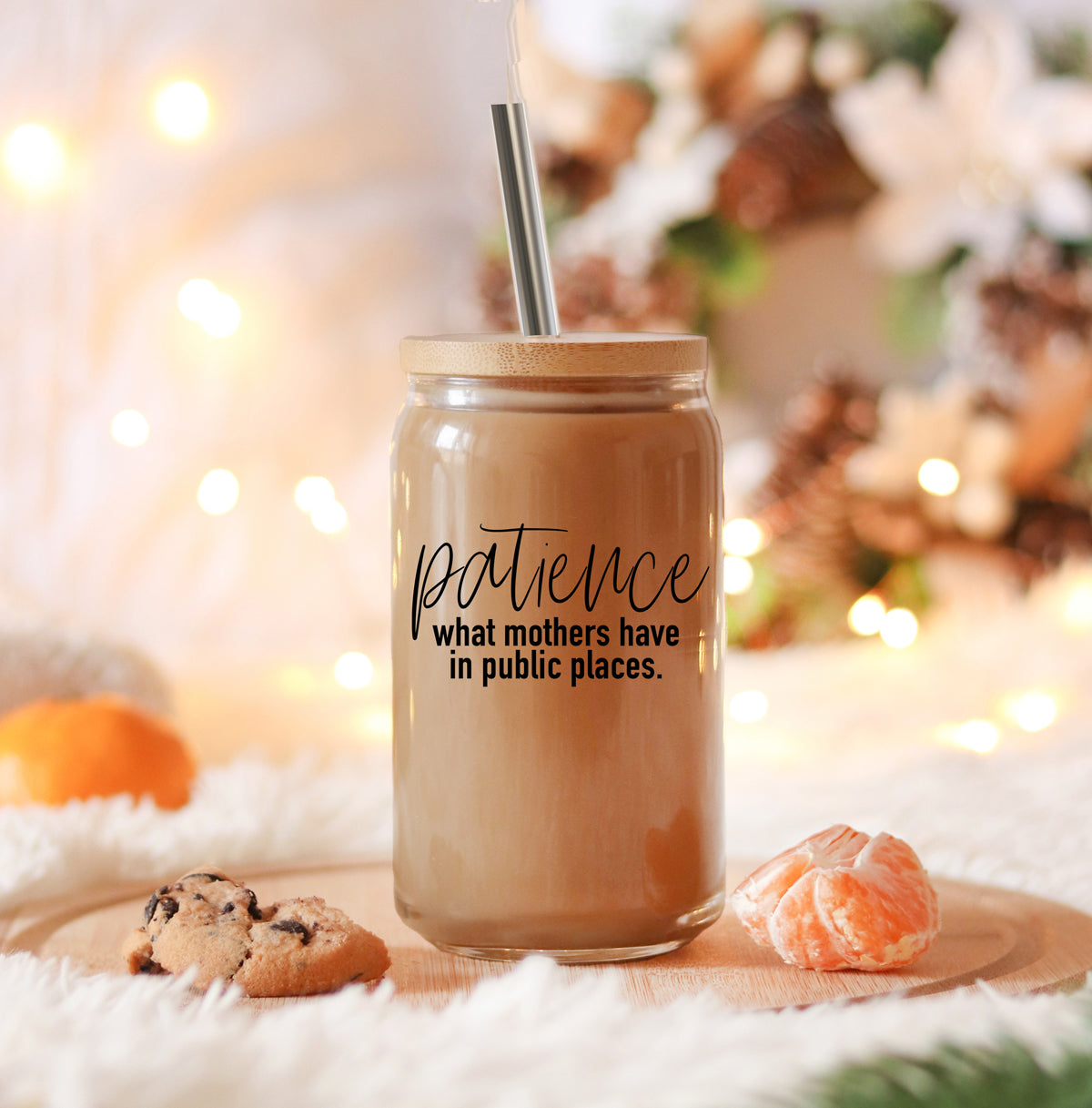 17oz Glass Tumbler With Bamboo Lid And 2 Stainless Straws, Mom Humor