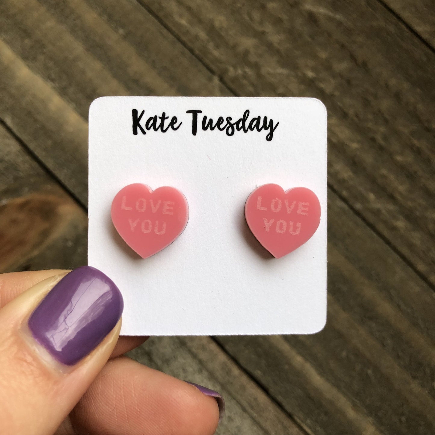 Pink Acrylic Love You Heart Stud Earrings For Women