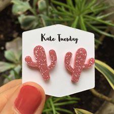 Pink Cactus Sparkle Acrylic Earrings For Women Lightweight