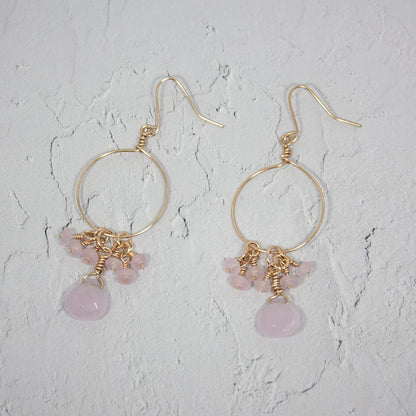 Pink Chalcedony Jade Cluster Hoop Earrings Gold Dainty