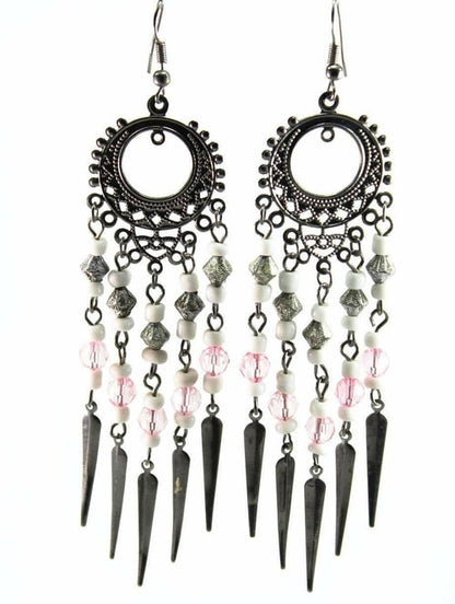 Pink Chandelier Dangle Earrings Beaded Boho Statement