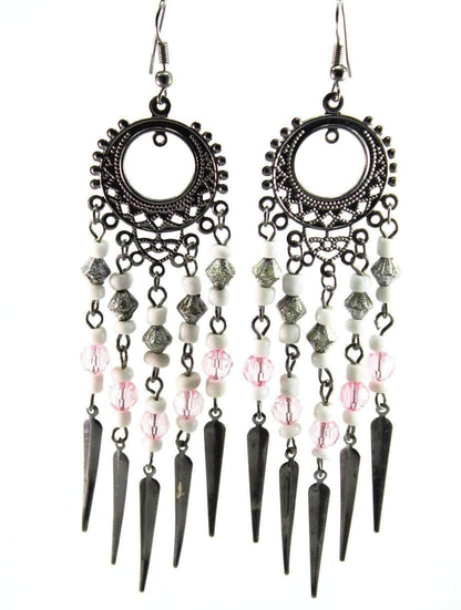 Pink Chandelier Dangle Earrings Beaded Boho Statement