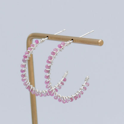 Pink Tourmaline Sterling Silver Hoop Earrings Petite