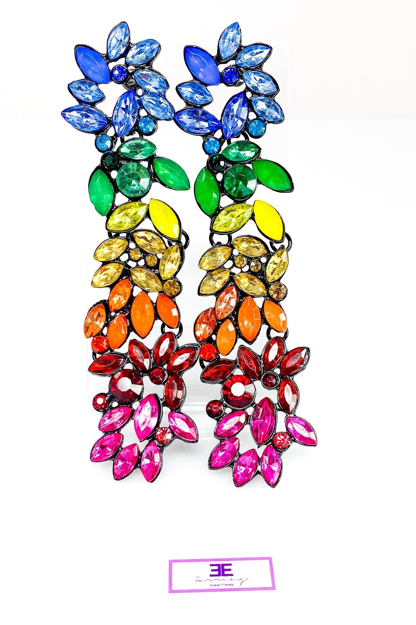 Rainbow Crystal Drop Dangle Earrings Long Statement