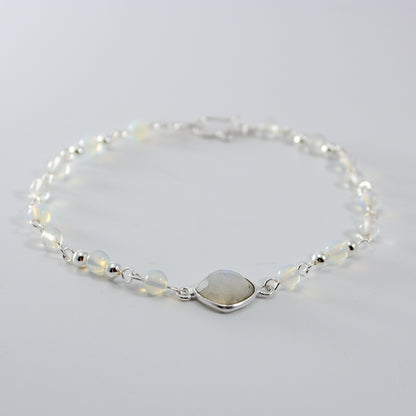 Rainbow Moonstone Opalite Beaded Bracelet Sterling Chain