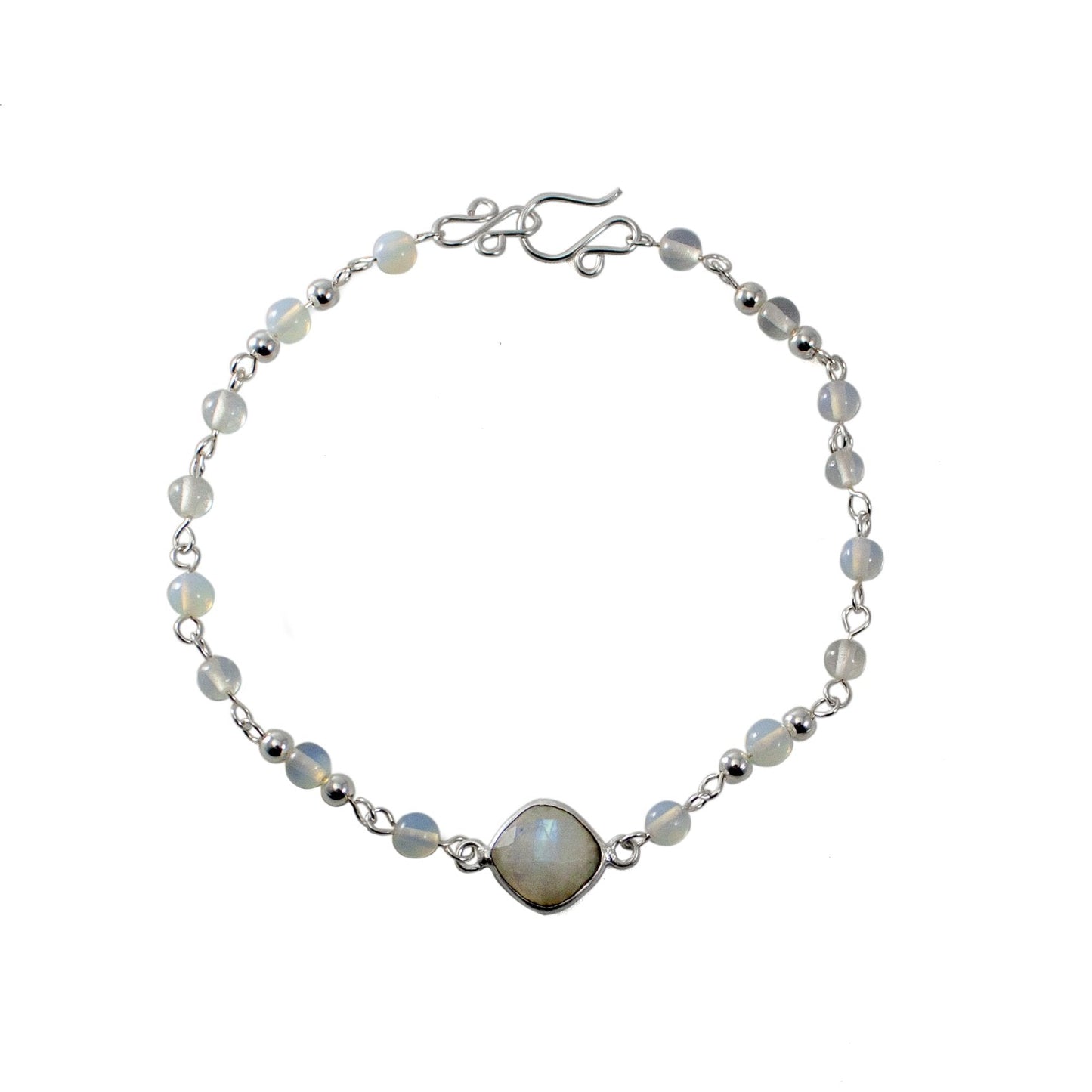 Rainbow Moonstone Opalite Beaded Bracelet Sterling Chain