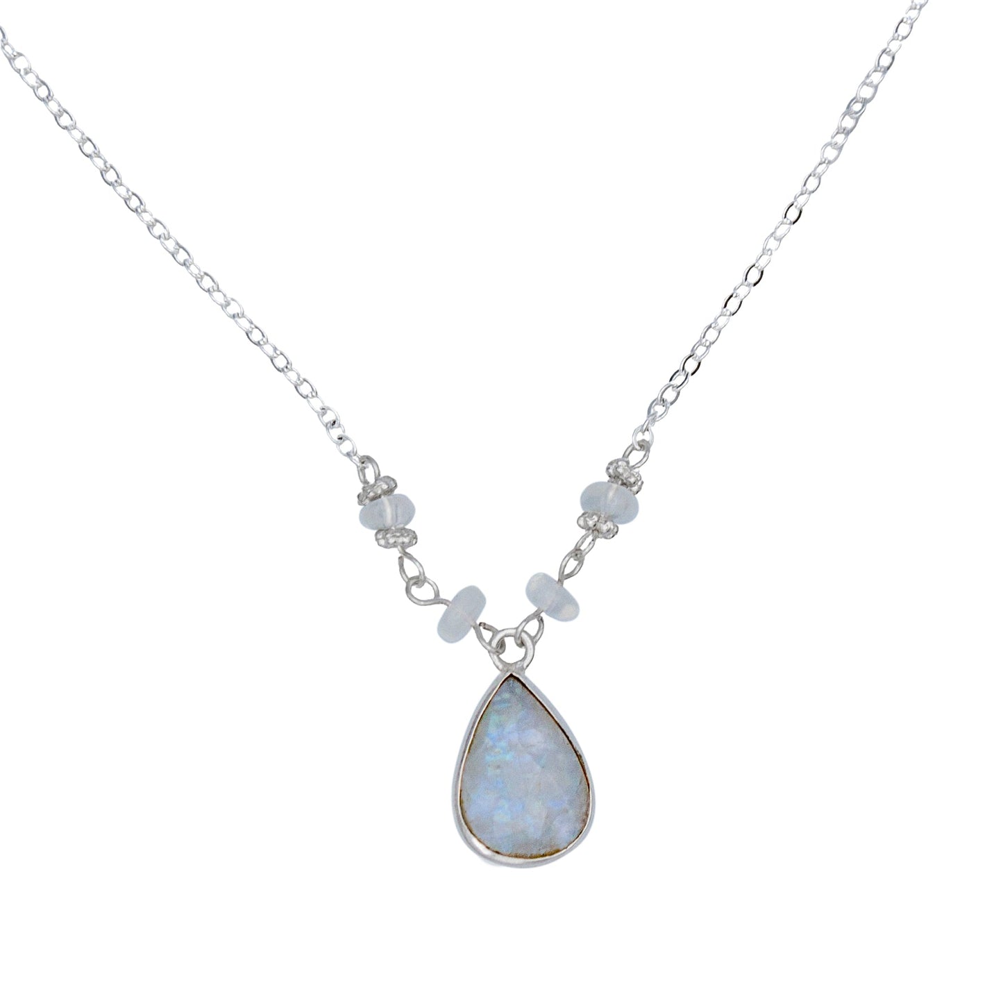 Rainbow Moonstone Pendant Necklace Delicate Sterling Silver