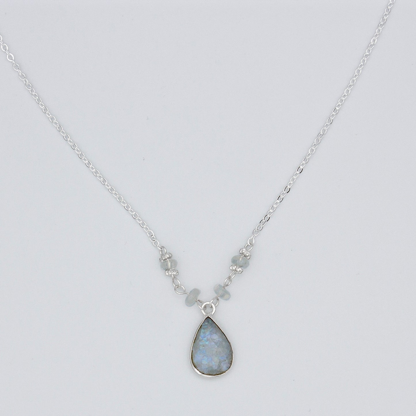 Rainbow Moonstone Pendant Necklace Delicate Sterling Silver