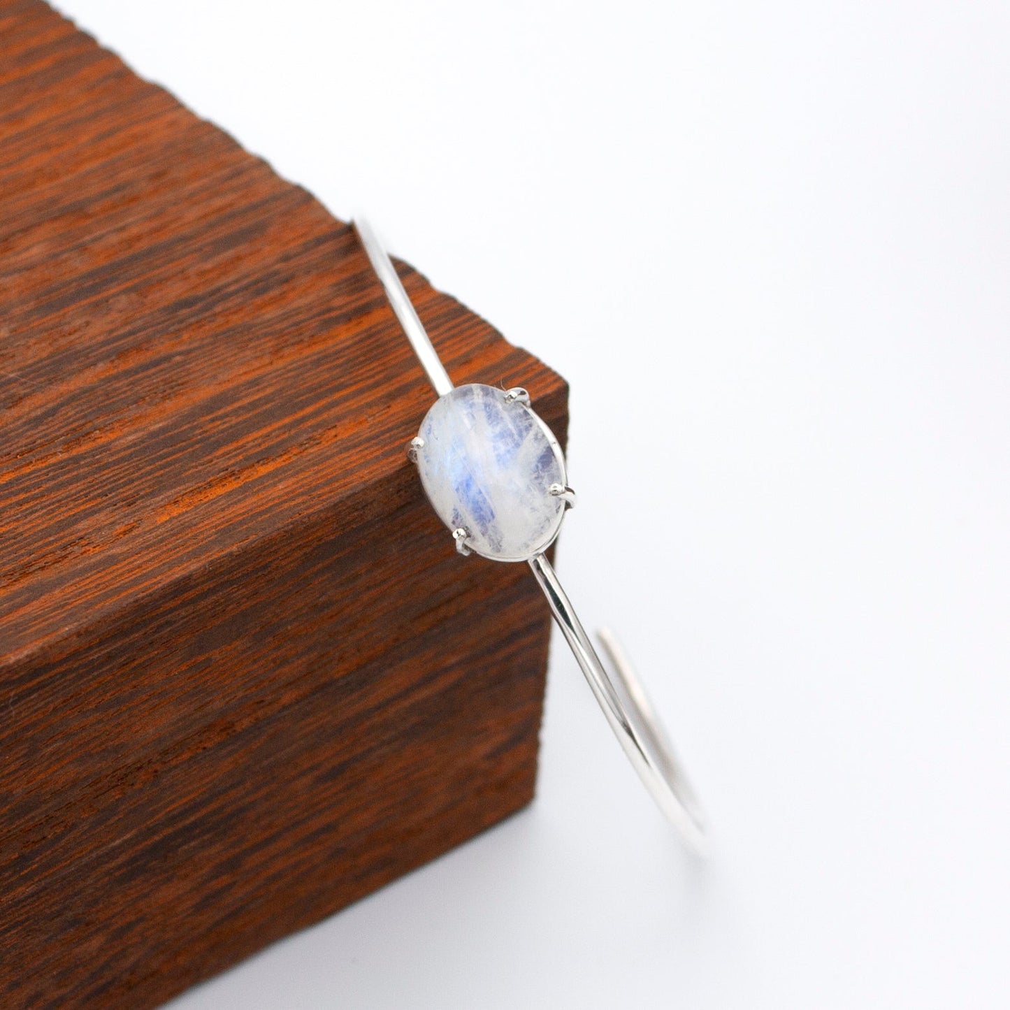 Rainbow Moonstone Sterling Silver Delicate Bangle Bracelet