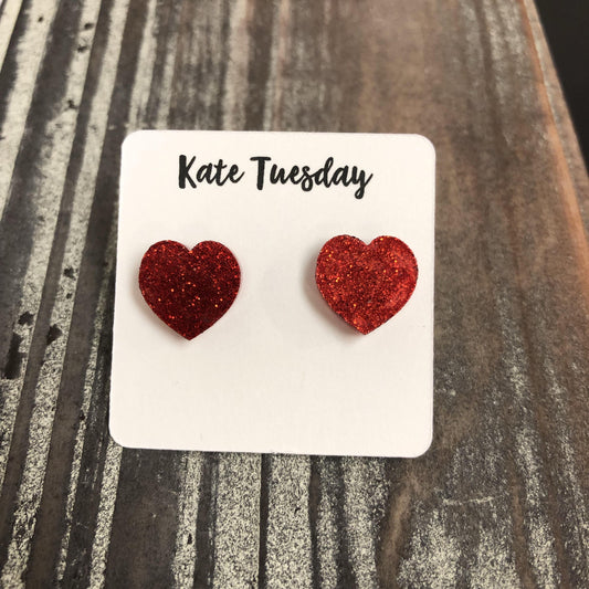 Red Glitter Heart Stud Earrings Cute Valentines Day Gift