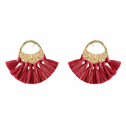 Red Raffia Fan Earrings Lightweight Boho Fringe Dangle Brass Hooks
