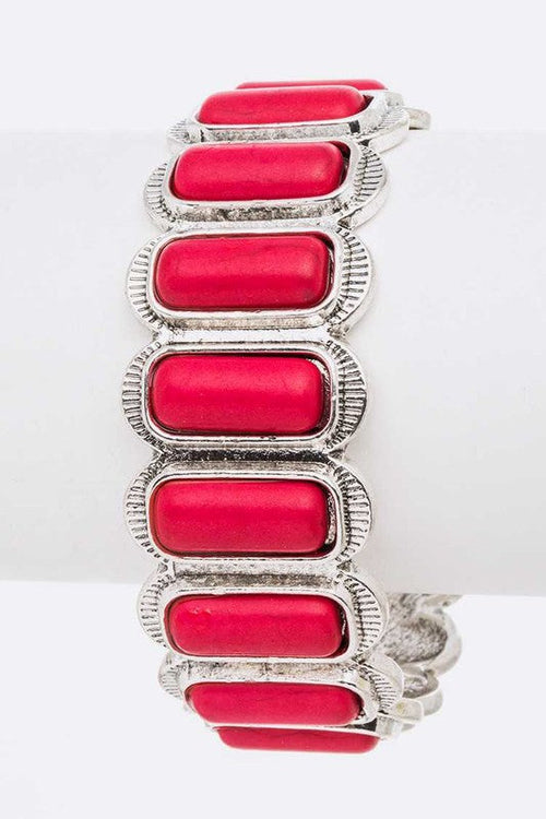 Red Stone Open Cuff Bangle Silver Tone Adjustable Stylish