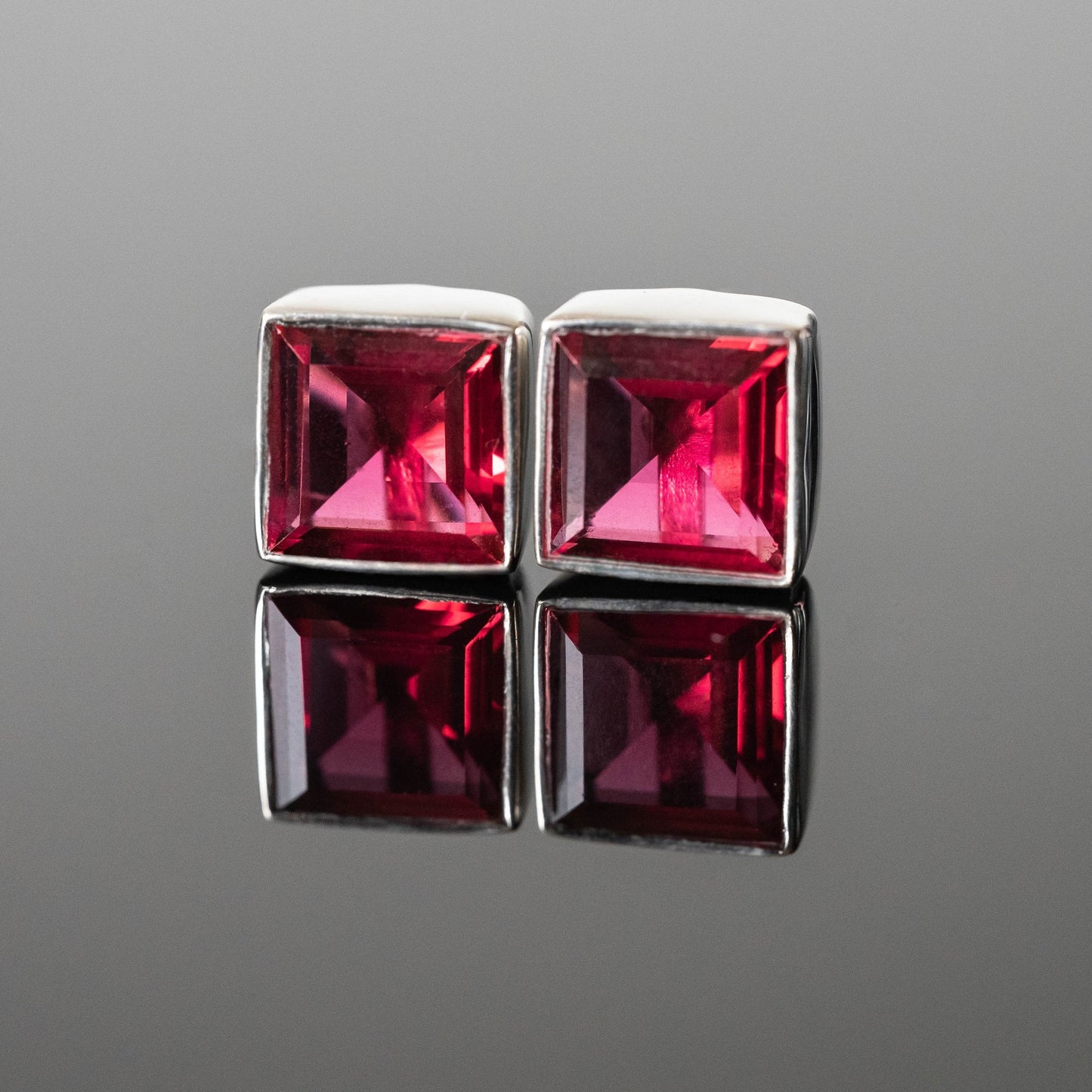 Red Tourmaline Square Stud Earrings 8mm Sterling Silver