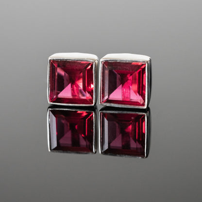 Red Tourmaline Square Stud Earrings 8mm Sterling Silver