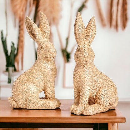 Resin Basket Weave Bunny Figurine Rattan Style Easter Decor 3 Color Options